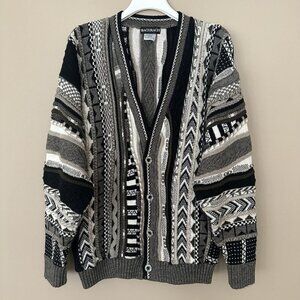 Vintage 90s Bachrach Cardigan Grandpa Sweater Men M Wool Wavy 3D Cosby Black Gra